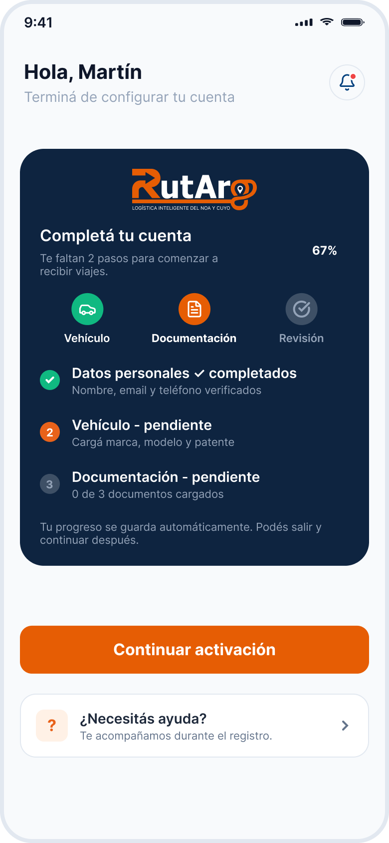 Registro del conductor completando sus datos en RutArg